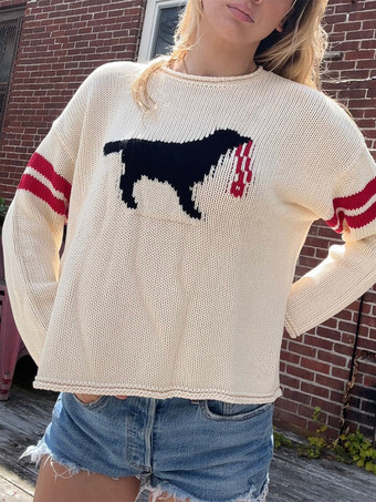 WeißStrickpullover mit Hundemuster Damen Rundhalsausschnitt doppelt gestreifte Ärmel locker geschnitten Langarmpullover