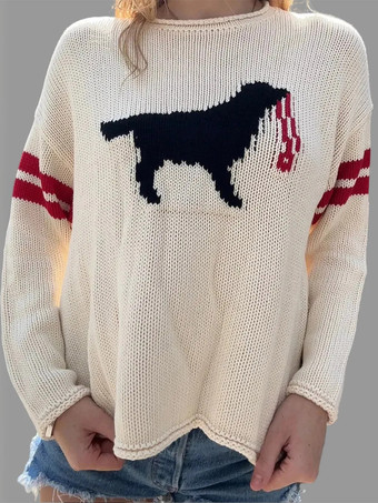 Strickpullover mit Hundemuster Damen Rundhalsausschnitt doppelt gestreifte Ärmel locker geschnitten Langarmpullover