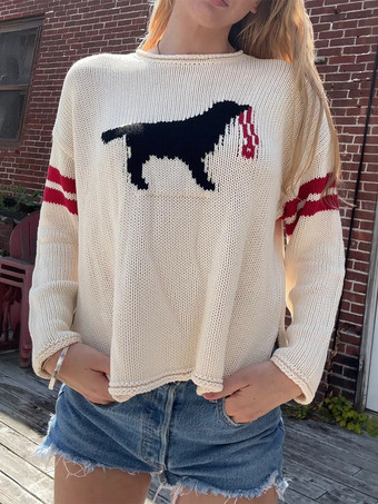 Strickpullover mit Hundemuster Damen Rundhalsausschnitt doppelt gestreifte Ärmel locker geschnitten Langarmpullover