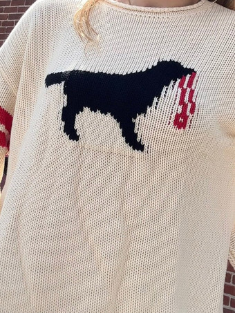 Strickpullover mit Hundemuster Damen Rundhalsausschnitt doppelt gestreifte Ärmel locker geschnitten Langarmpullover