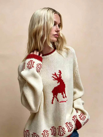 トナカイ柄ニットセーター レディース クルーネック カラーブロックカフ 長袖 ゆったり クリスマス プルオーバー トップ
