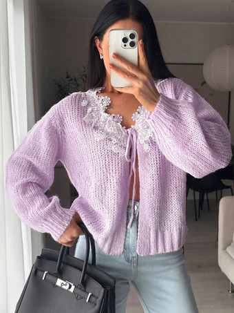 RosaStrickjacke mit floraler Spitze Damen-Strickjacke mit Bindeband vorne langen Ärmeln und Cut-Out-Ausschnitt