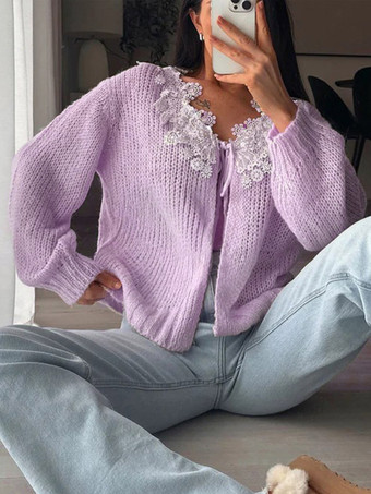 Strickjacke mit floraler Spitze Damen-Strickjacke mit Bindeband vorne langen Ärmeln und Cut-Out-Ausschnitt