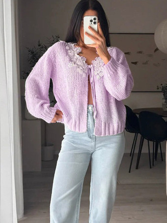 Strickjacke mit floraler Spitze Damen-Strickjacke mit Bindeband vorne langen Ärmeln und Cut-Out-Ausschnitt