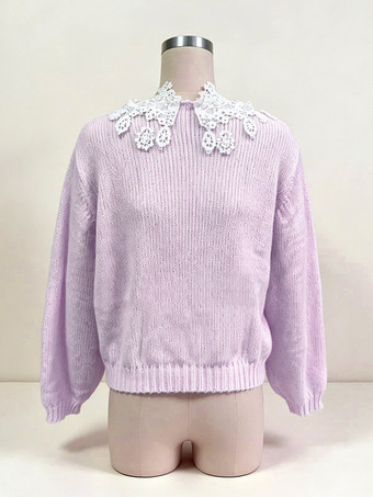 Strickjacke mit floraler Spitze Damen-Strickjacke mit Bindeband vorne langen Ärmeln und Cut-Out-Ausschnitt