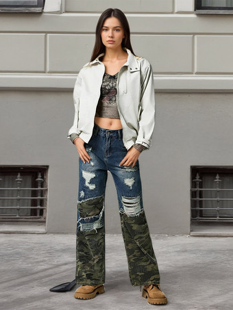 Cremeweiße Bomberjacke mit Reißverschluss Stehkragen lockerer lässiger Look kurze Jacke für Damen Streetwear-Stil