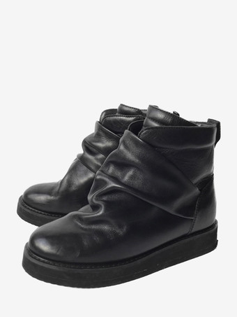 SchwarzSchwarze Freizeitschuhe runde Zehenpartie geraffte Plateau-Stiefeletten