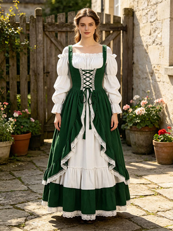 ダークグリーン女性用コスプレ中世ドレス ルネッサンス舞踏会ドレス パフスリーブ レトロ ヴィンテージドレス