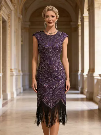 purple embellished dress Elegant Light Sequin Evening Gown with Flowing Cape Sleeves kate dress sequin outer Size:21-21½ 34/35 Maternity Plunging Neck Long