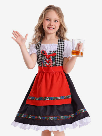 ブラック 女の子用ドイツ風ディアンドルドレス、バイエルン地方のオクトーバーフェスト祭りの伝統的なファンシー衣装、子供用カーニバルパーティー、半袖ヴィンテージドレス