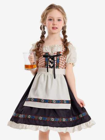 ブラウン女の子用ドイツ風ディアンドルドレス、バイエルン地方のオクトーバーフェスト祭りの伝統的なファンシー衣装、子供用カーニバルパーティー、半袖ヴィンテージドレス