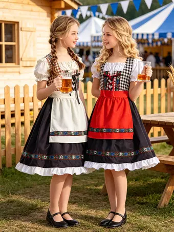 Girls German Dirndl Dress Bavarian Oktoberfest Festival Traditional Fancy Outfits Kids Carnival Party Short Sleeve Vintage Dress