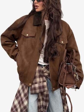 Braun Cargojacke mit Kontrastkragen lockerer Schnitt überschnittene Schultern elastischer Saum Vintage-Kurzmantel