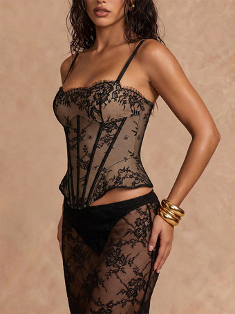 花柄レースのコルセットトップ、スパゲッティストラップ、ボーン入りビスチェ、バックレースアップ、クロップトップ
