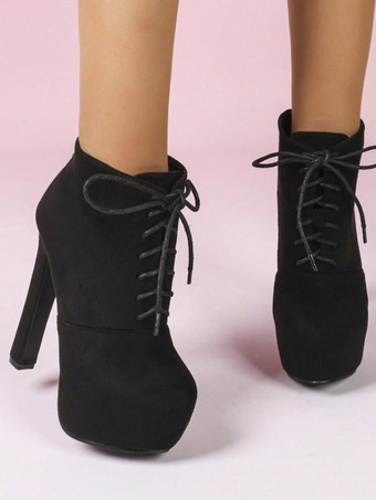 Schwarze Wildleder-Ankle-Boots mit Plateau runder Zehenpartie Schnürung und Blockabsatz