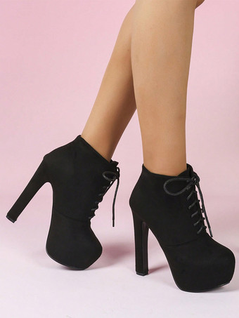 Schwarze Wildleder-Ankle-Boots mit Plateau runder Zehenpartie Schnürung und Blockabsatz