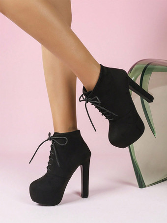 SchwarzSchwarze Wildleder-Ankle-Boots mit Plateau runder Zehenpartie Schnürung und Blockabsatz