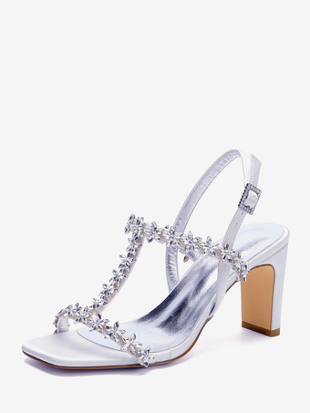WeißBrautschuhe aus Satin mit Blockabsatz Strasssteinen und floralen Details