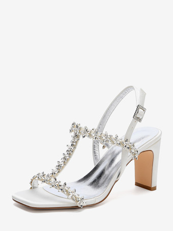 elfenbeinweißBrautschuhe aus Satin mit Blockabsatz Strasssteinen und floralen Details