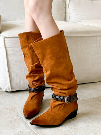 Damen-Kniestiefel mit spitzer Zehenpartie Schnallendetail lässige Stiefel