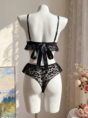 Dessous-Set mit Leopardenmuster Spitze Rüschenbesatz Schleife am Rücken bügelloser BH und Höschen