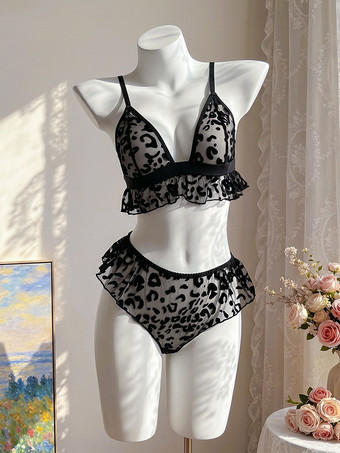 Dessous-Set mit Leopardenmuster Spitze Rüschenbesatz Schleife am Rücken bügelloser BH und Höschen