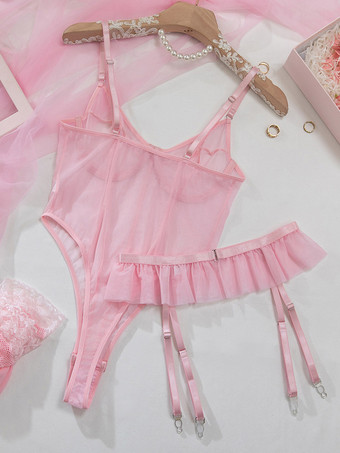Rosa transparenter Netz-Body mit Strumpfhalter Rüschenbesatz und Bügeln für Damen