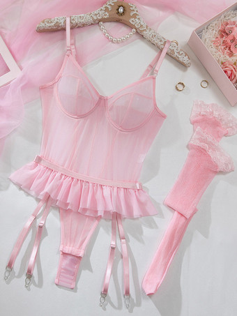 Rosa transparenter Netz-Body mit Strumpfhalter Rüschenbesatz und Bügeln für Damen