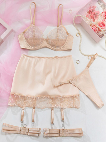 Champagnerfarbenes Dessous-Set aus Satinspitze Bügel-BH Strumpfhalter Rock und Höschen (3-teilig)