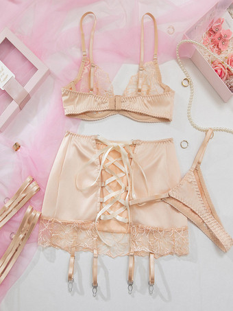 Champagnerfarbenes Dessous-Set aus Satinspitze Bügel-BH Strumpfhalter Rock und Höschen (3-teilig)
