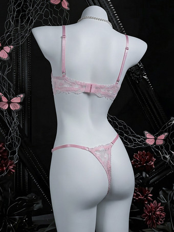 Zweiteiliges Dessous-Set aus rosafarbener transparenter Spitze mit Bügel-BH und passendem String