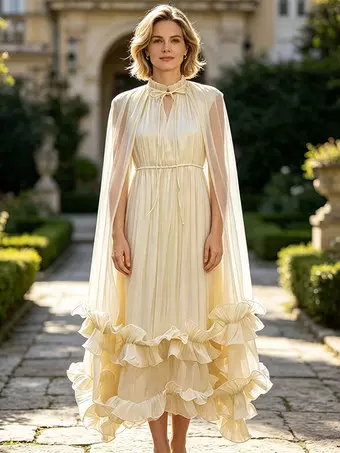modest champagne dresses Dani Mini in Medium Floral Embroidered Cape Sleeves Custom Measurements Available Material simple bridesmaid dresses Size:One-Size-Adult