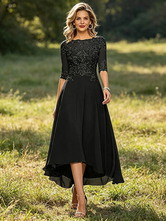 SchwarzMutterkleid mit Rundhalsausschnitt 3/4-Ärmeln A-Linie Spitze Hochzeitsgastkleider