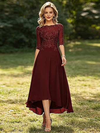 Burgunderrot Mutterkleid mit Rundhalsausschnitt 3/4-Ärmeln A-Linie Spitze Hochzeitsgastkleider