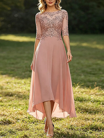 PerlrosaMutterkleid mit Rundhalsausschnitt 3/4-Ärmeln A-Linie Spitze Hochzeitsgastkleider