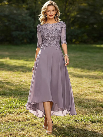 Lavendel     Mutterkleid mit Rundhalsausschnitt 3/4-Ärmeln A-Linie Spitze Hochzeitsgastkleider