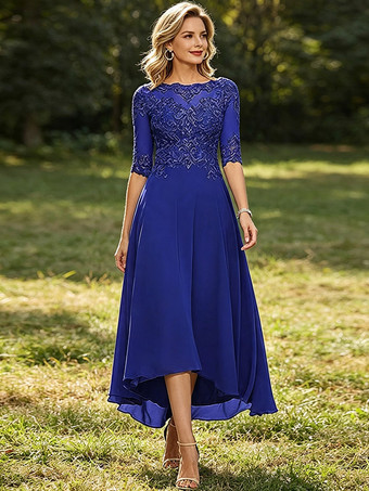 BlauMutterkleid mit Rundhalsausschnitt 3/4-Ärmeln A-Linie Spitze Hochzeitsgastkleider