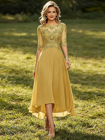 SenfgelbMutterkleid mit Rundhalsausschnitt 3/4-Ärmeln A-Linie Spitze Hochzeitsgastkleider