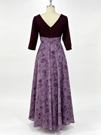 Mutterkleid V-Ausschnitt 3/4-Ärmel A-Linie Blumenmuster Gästekleid für Hochzeit