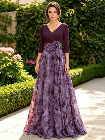 Burgunderrot Mutterkleid V-Ausschnitt 3/4-Ärmel A-Linie Blumenmuster Gästekleid für Hochzeit
