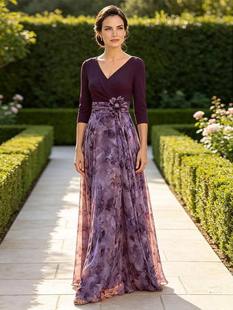 Mutterkleid V-Ausschnitt 3/4-Ärmel A-Linie Blumenmuster Gästekleid für Hochzeit