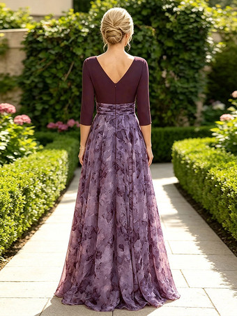 Mutterkleid V-Ausschnitt 3/4-Ärmel A-Linie Blumenmuster Gästekleid für Hochzeit