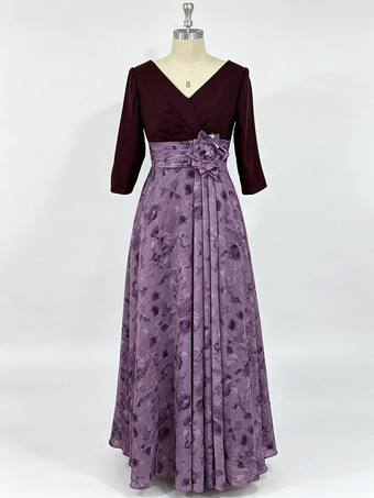 Mutterkleid V-Ausschnitt 3/4-Ärmel A-Linie Blumenmuster Gästekleid für Hochzeit