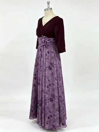 Mutterkleid V-Ausschnitt 3/4-Ärmel A-Linie Blumenmuster Gästekleid für Hochzeit