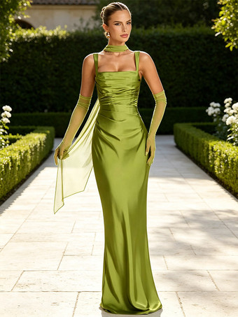 Avocado grünAbendkleid Ballkleid mit Trägern Ausschnitt Satinstoff formelles Partykleid