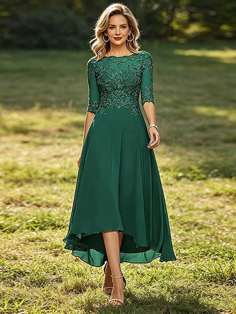 DunkelgrünMutterkleid mit Rundhalsausschnitt 3/4-Ärmeln A-Linie Spitze Hochzeitsgastkleider