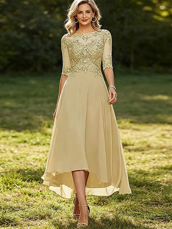 Aprikose Mutterkleid mit Rundhalsausschnitt 3/4-Ärmeln A-Linie Spitze Hochzeitsgastkleider