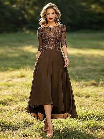 Braun      Mutterkleid mit Rundhalsausschnitt 3/4-Ärmeln A-Linie Spitze Hochzeitsgastkleider