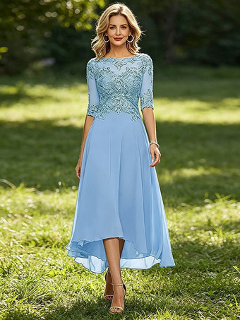 Hellblau Mutterkleid mit Rundhalsausschnitt 3/4-Ärmeln A-Linie Spitze Hochzeitsgastkleider