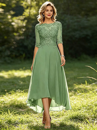 Salbeigrün      Mutterkleid mit Rundhalsausschnitt 3/4-Ärmeln A-Linie Spitze Hochzeitsgastkleider